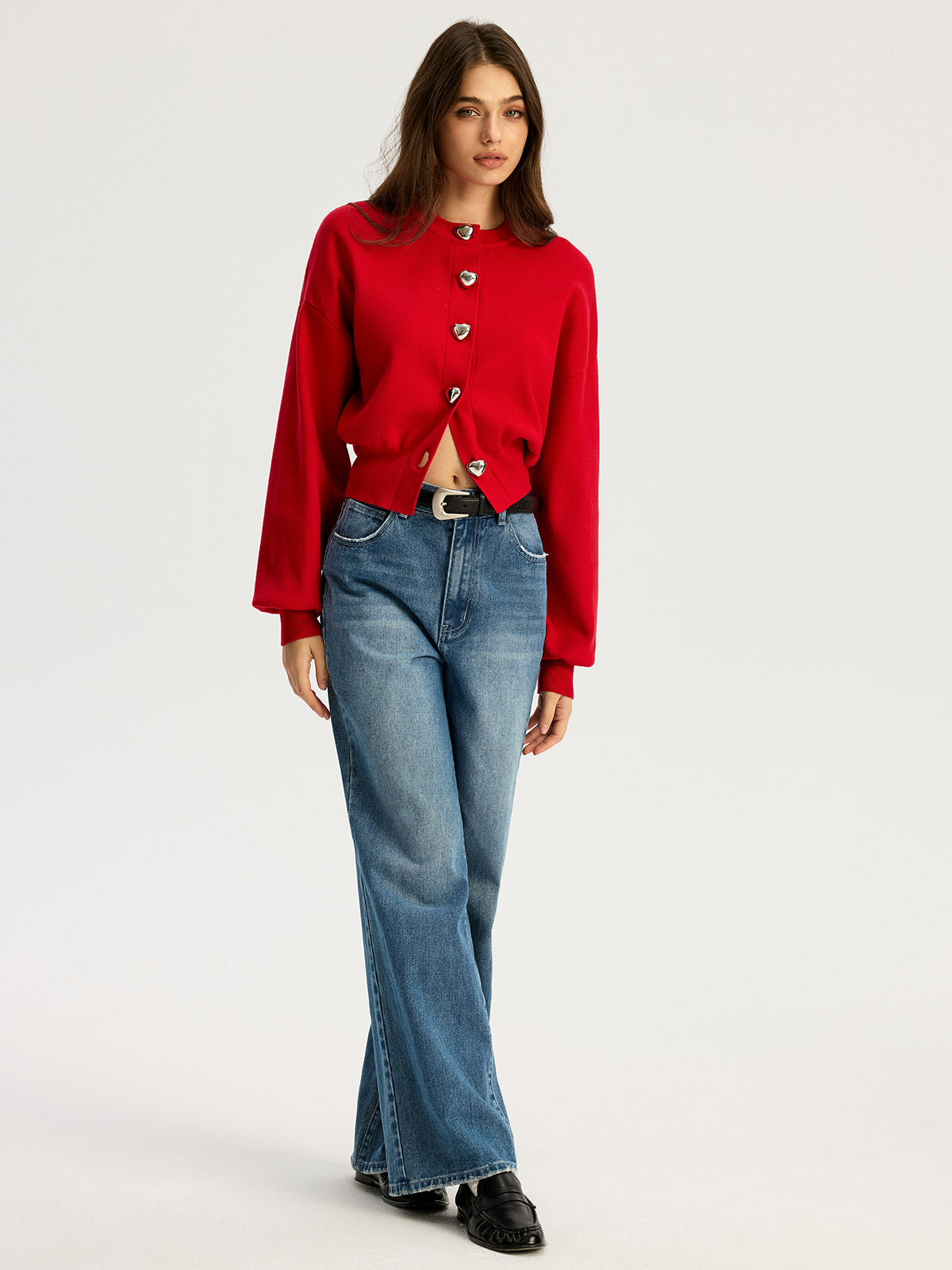 Heart Shape Button Sweater-Chicvia