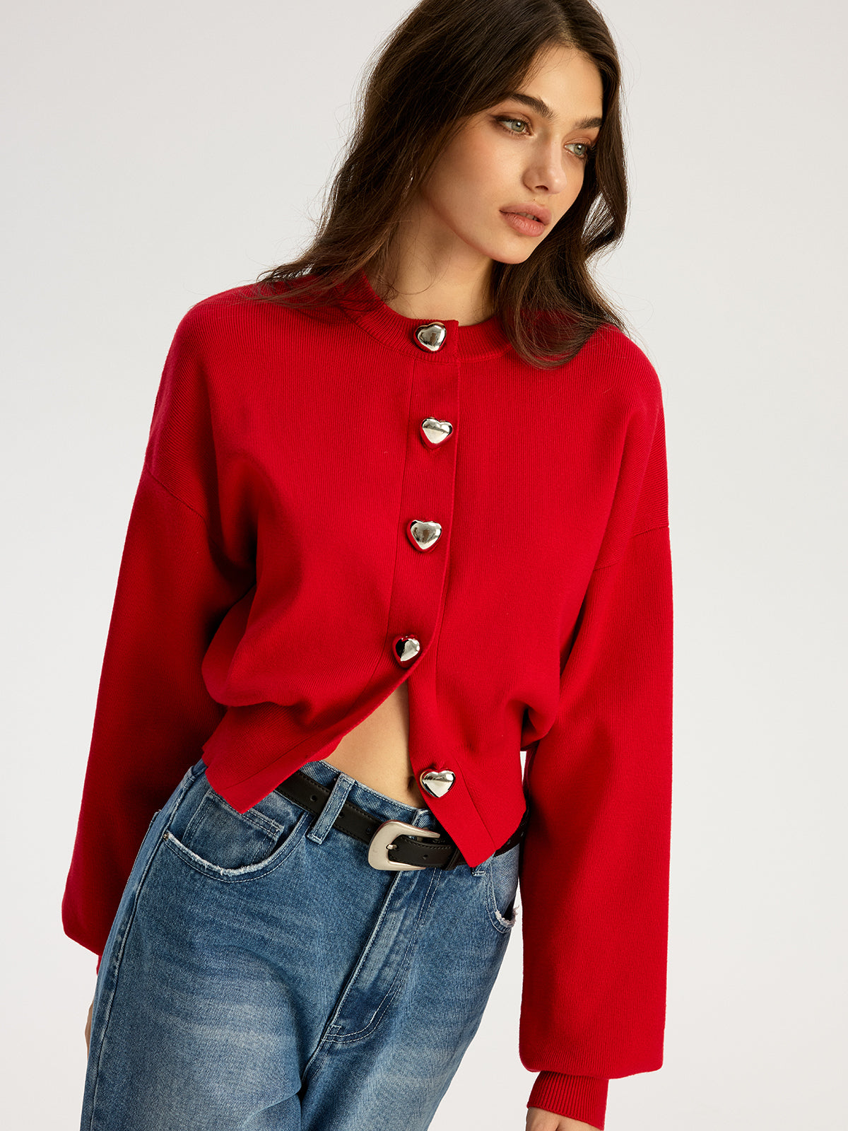 Heart Shape Button Sweater-Chicvia
