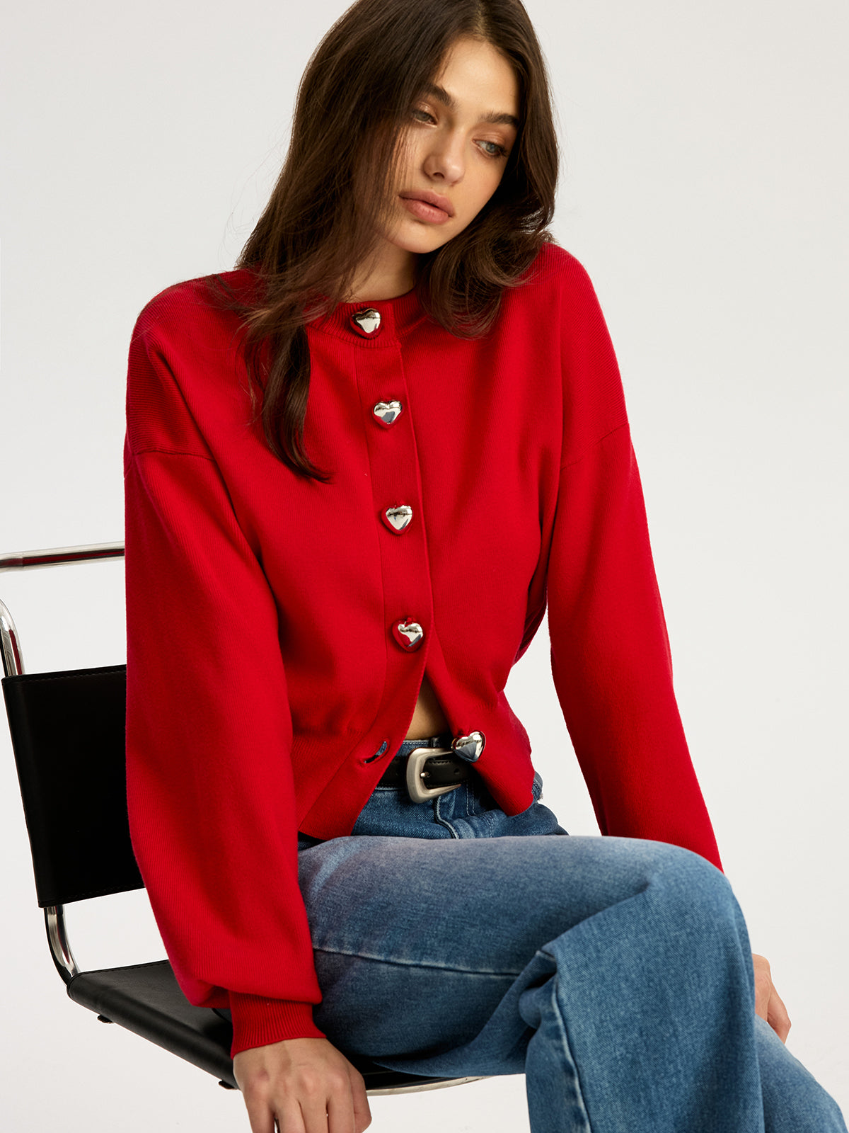 Heart Shape Button Sweater-Chicvia