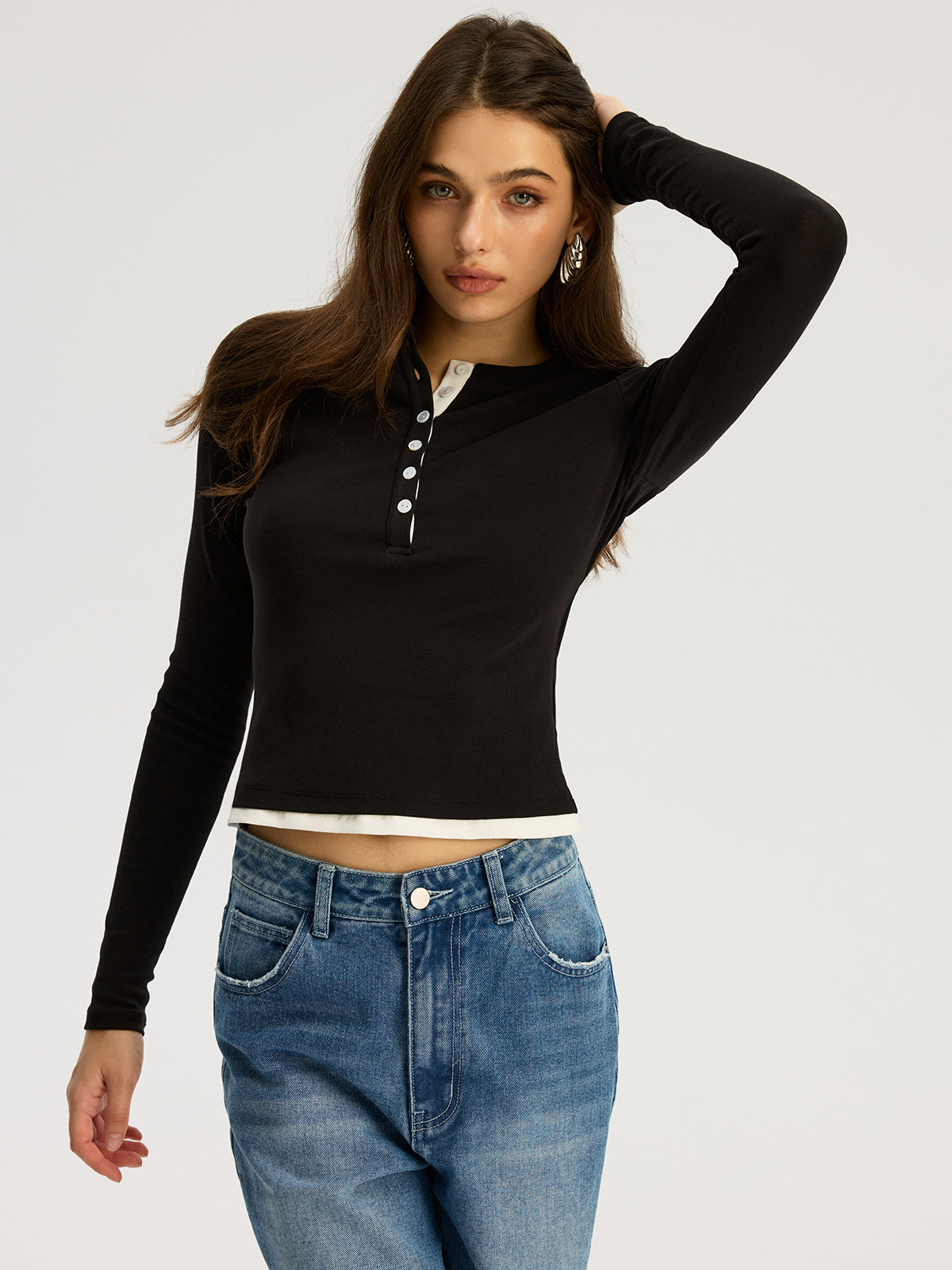 Contrast Trim Cotton Blend Long Sleeve Top-Chicvia