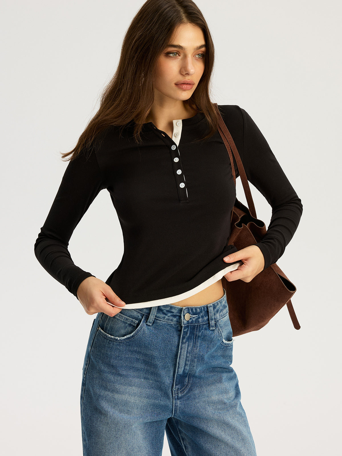 Contrast Trim Cotton Blend Long Sleeve Top-Chicvia