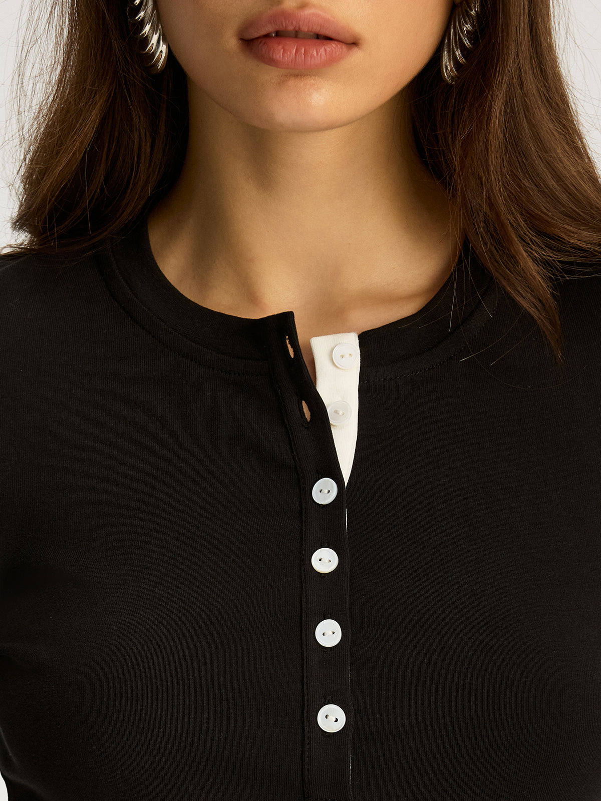 Contrast Trim Cotton Blend Long Sleeve Top-Chicvia