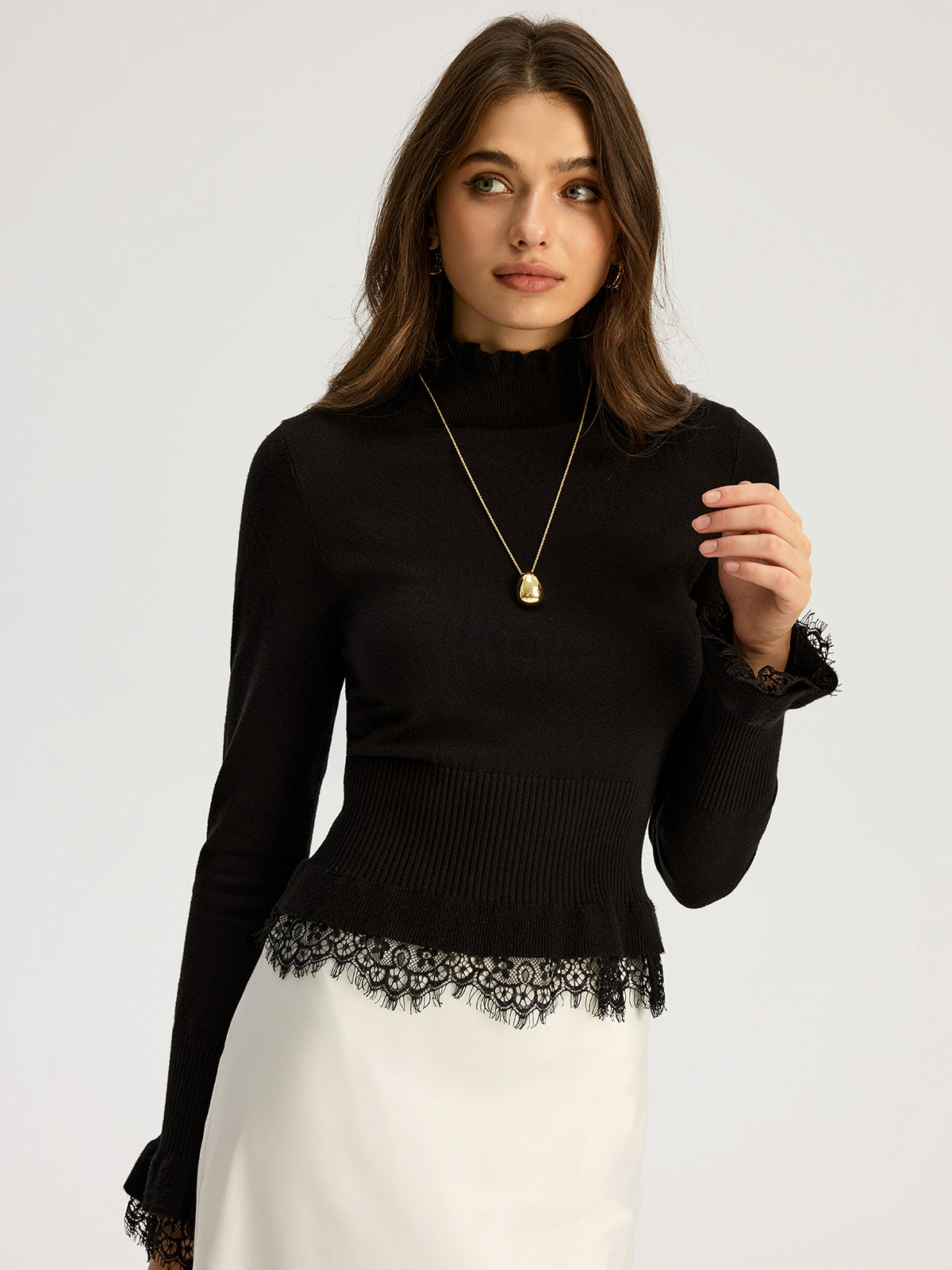 Lace Trim Mock Neck Knit Top-Chicvia