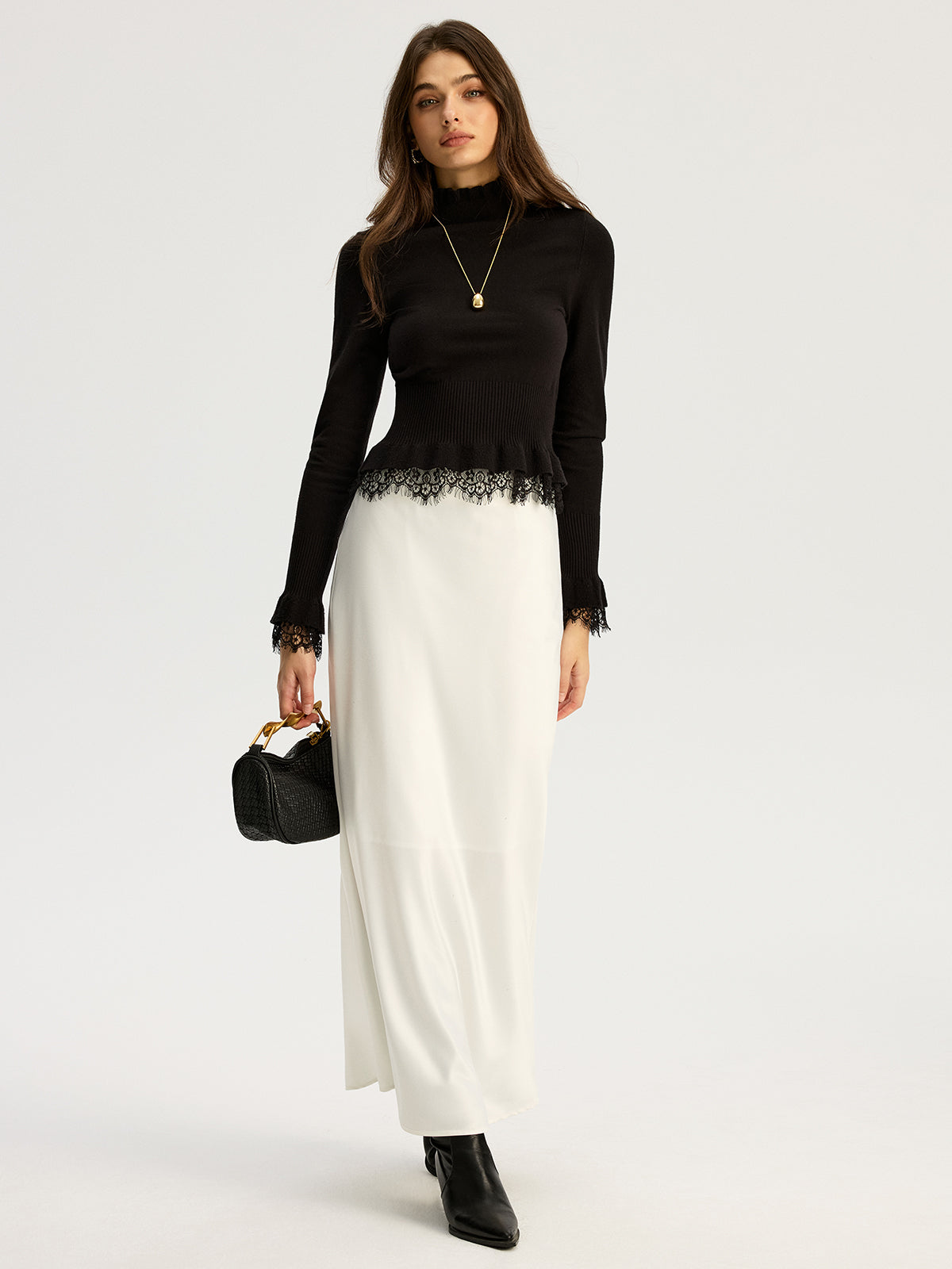 Lace Trim Mock Neck Knit Top-Chicvia