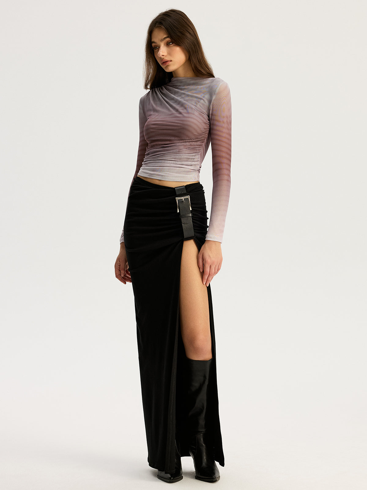 Gradient Mesh Long Sleeve Top-Chicvia