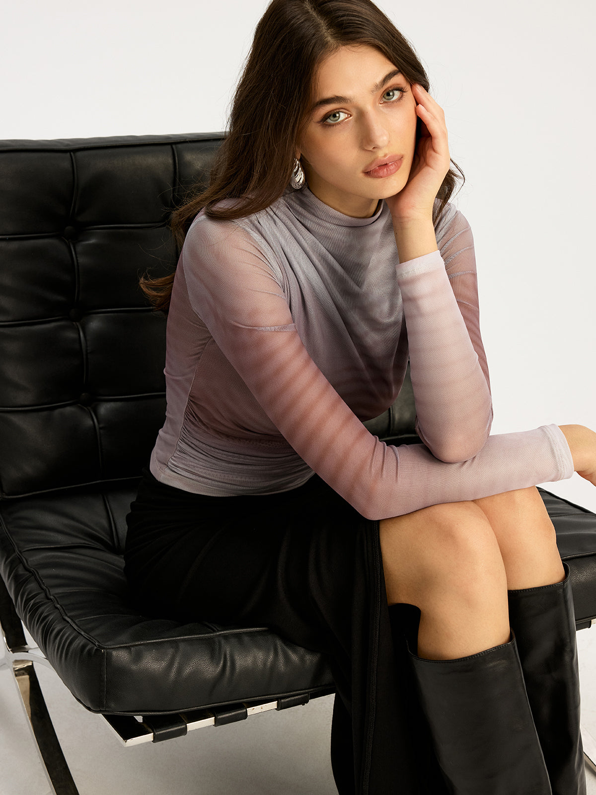 Gradient Mesh Long Sleeve Top-Chicvia