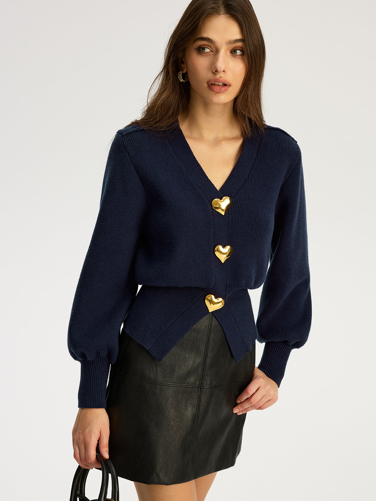 Heart Metal Detail V-Neck Sweater-Chicvia