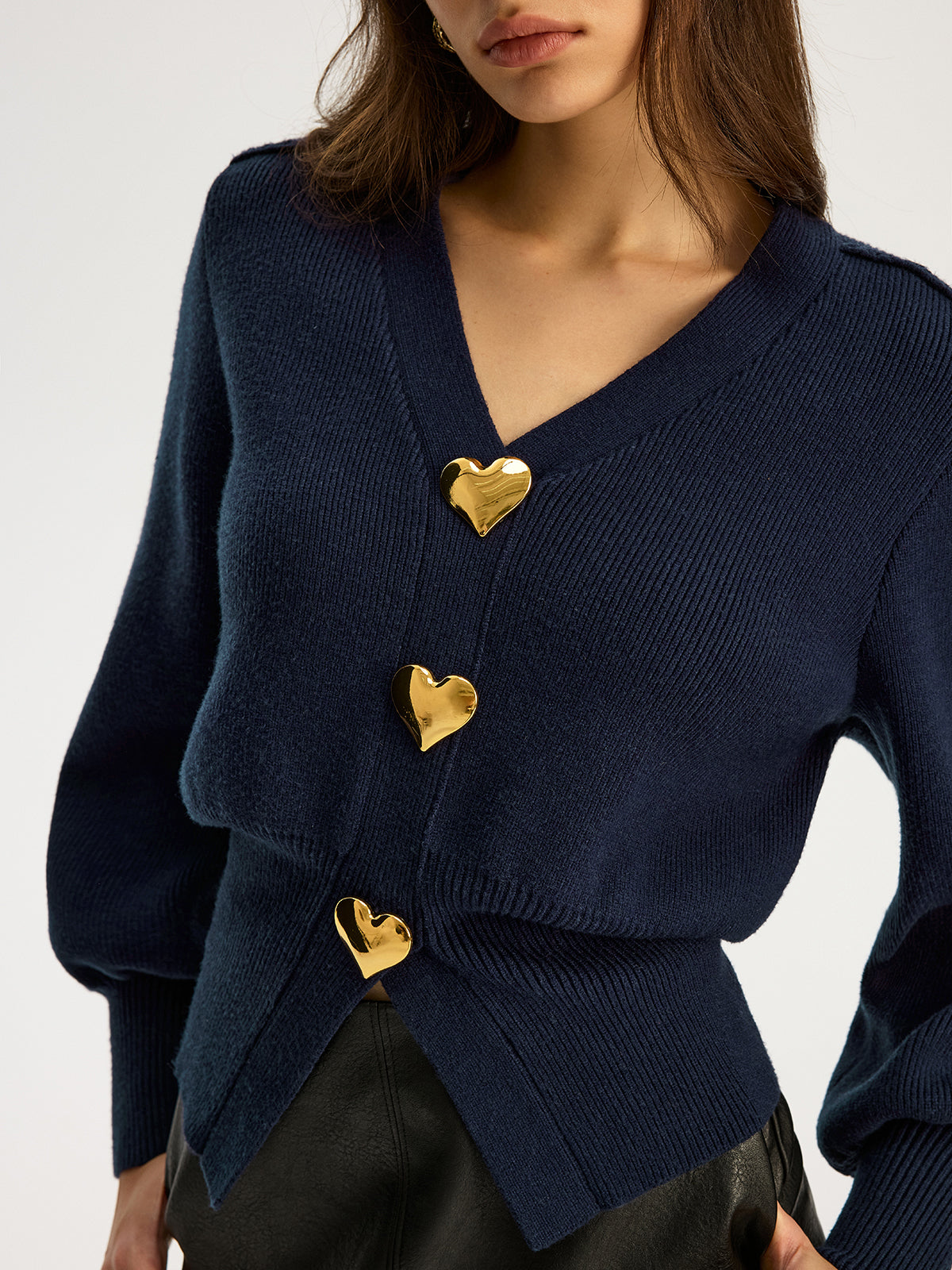 Heart Metal Detail V-Neck Sweater-Chicvia