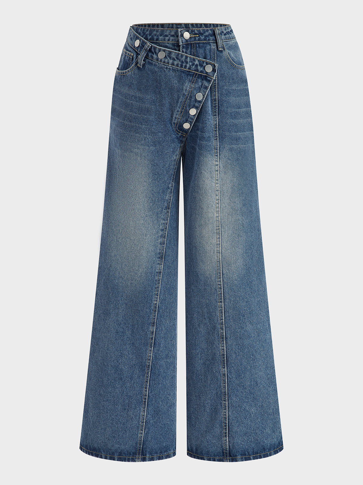 Denim Asymmetric Button Pants-Chicvia