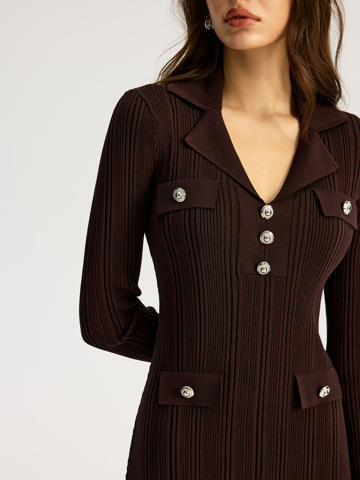 Lapel Metal Detail Knit Maxi Dress-Chicvia