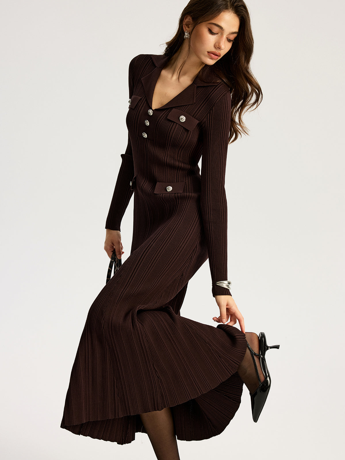 Lapel Metal Detail Knit Maxi Dress-Chicvia