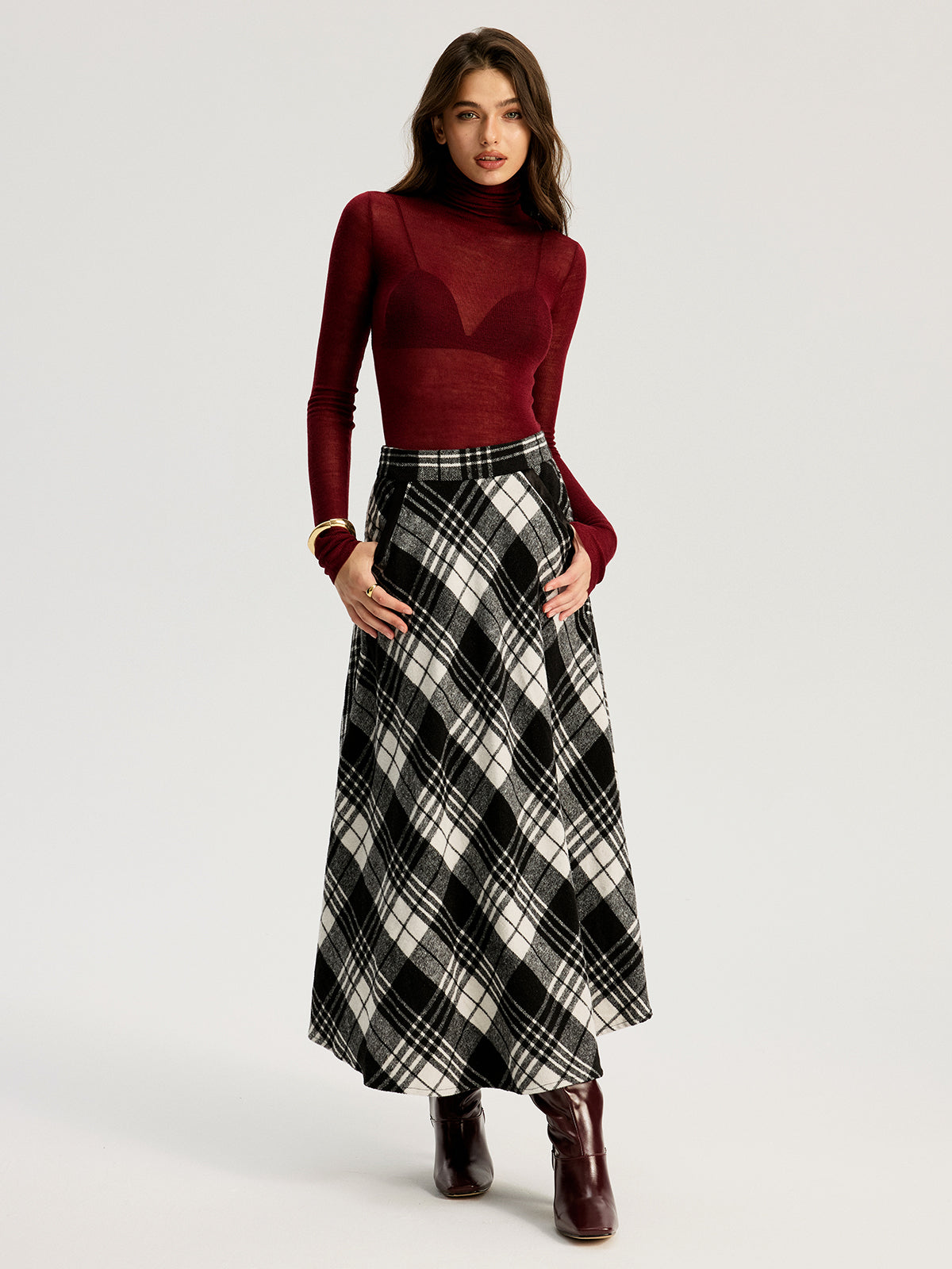 High Waist Line Flared Plaid Long Skirt-Chicvia