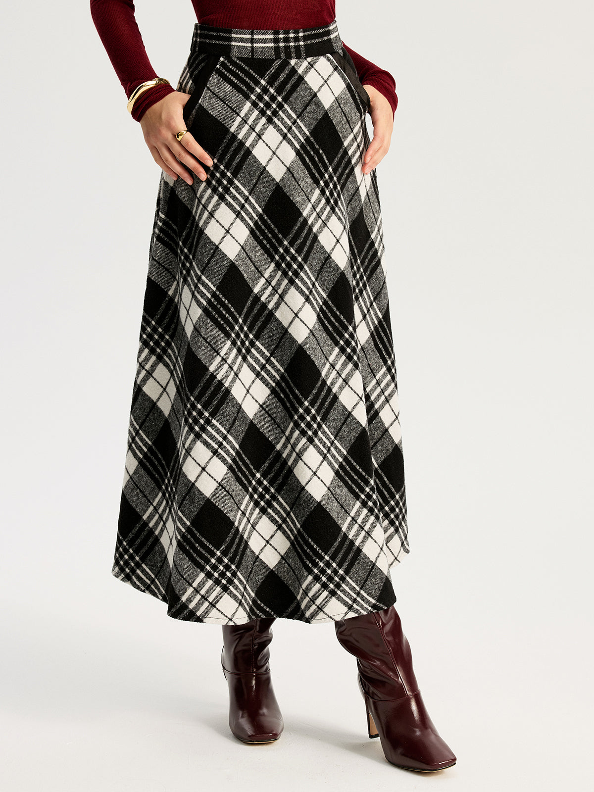 High Waist Line Flared Plaid Long Skirt-Chicvia