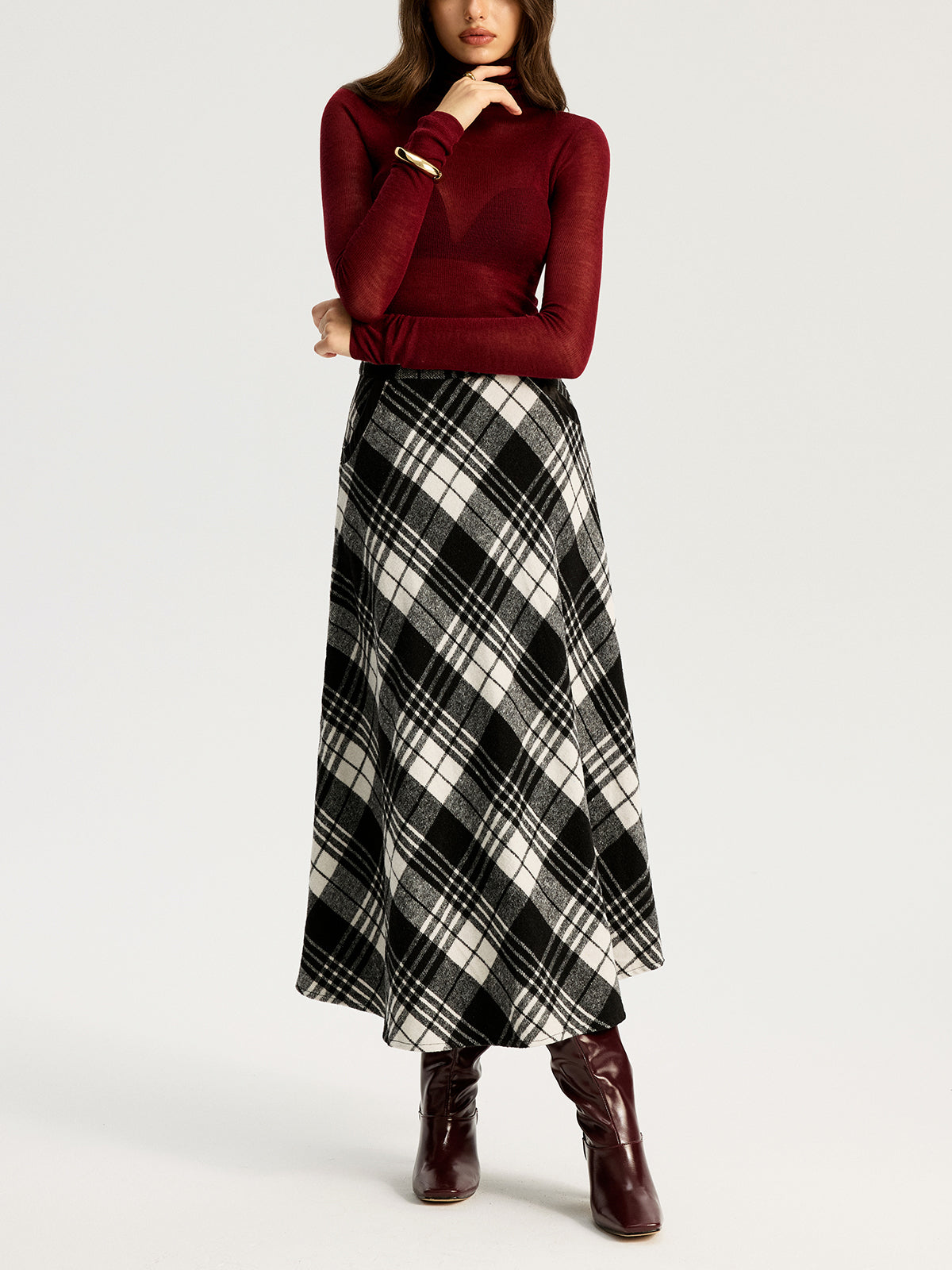 High Waist Line Flared Plaid Long Skirt-Chicvia