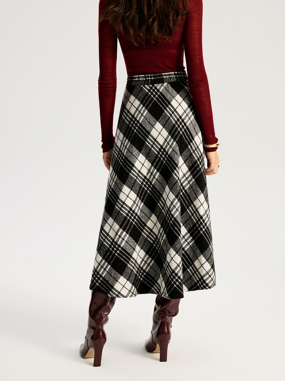 High Waist Line Flared Plaid Long Skirt-Chicvia