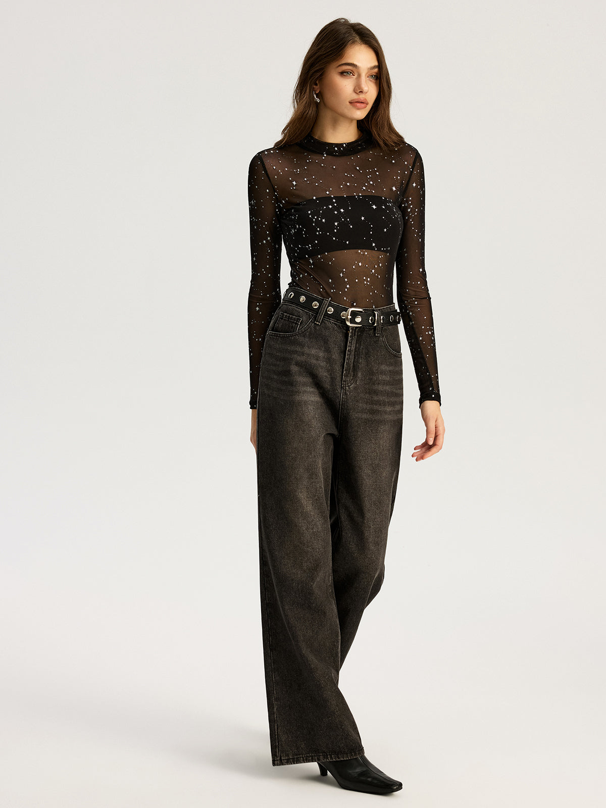 Glitter Star Sheer Mesh Long-Sleeve Bodysuit-Chicvia