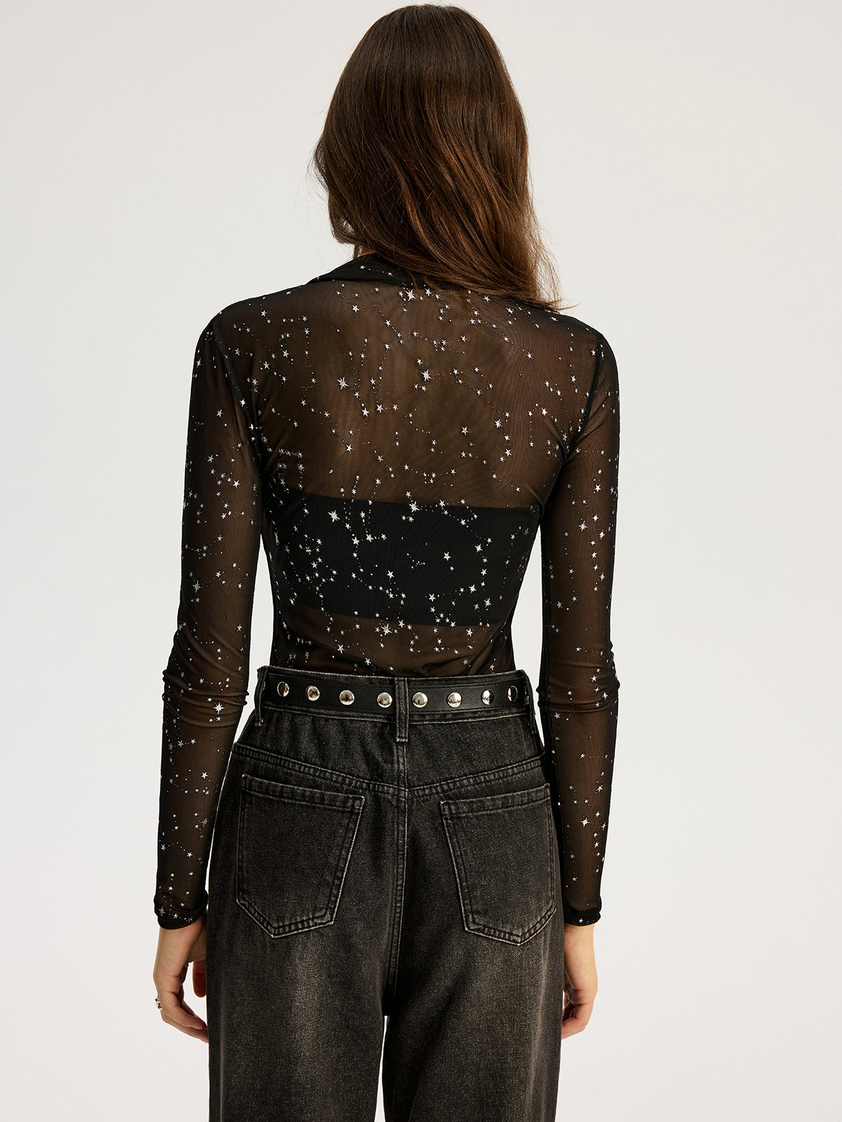 Glitter Star Sheer Mesh Long-Sleeve Bodysuit-Chicvia