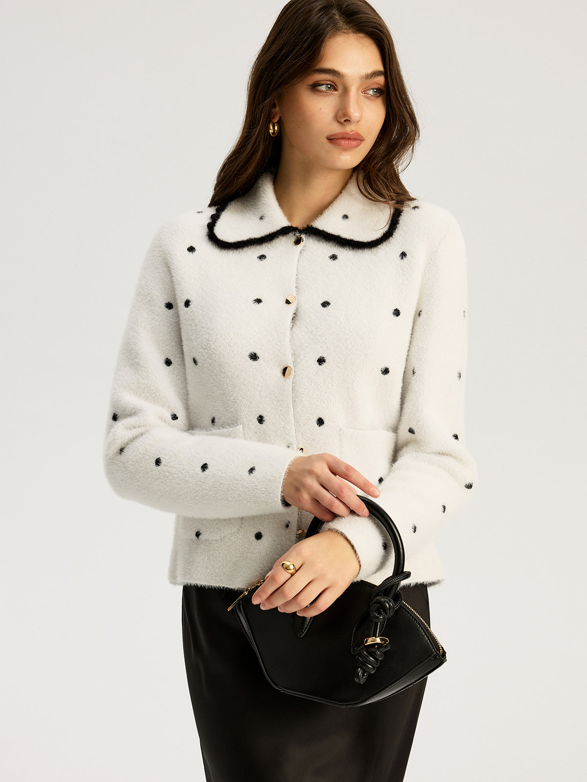 Nylon Polka Dot Knit Cardigan-Chicvia