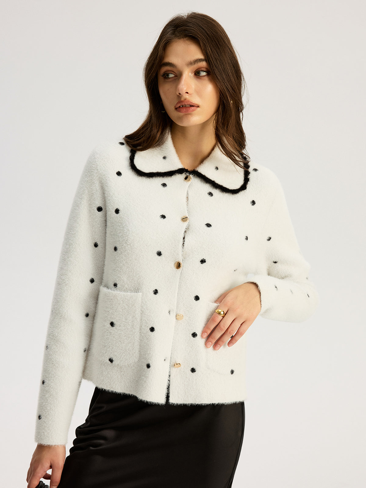 Nylon Polka Dot Knit Cardigan-Chicvia