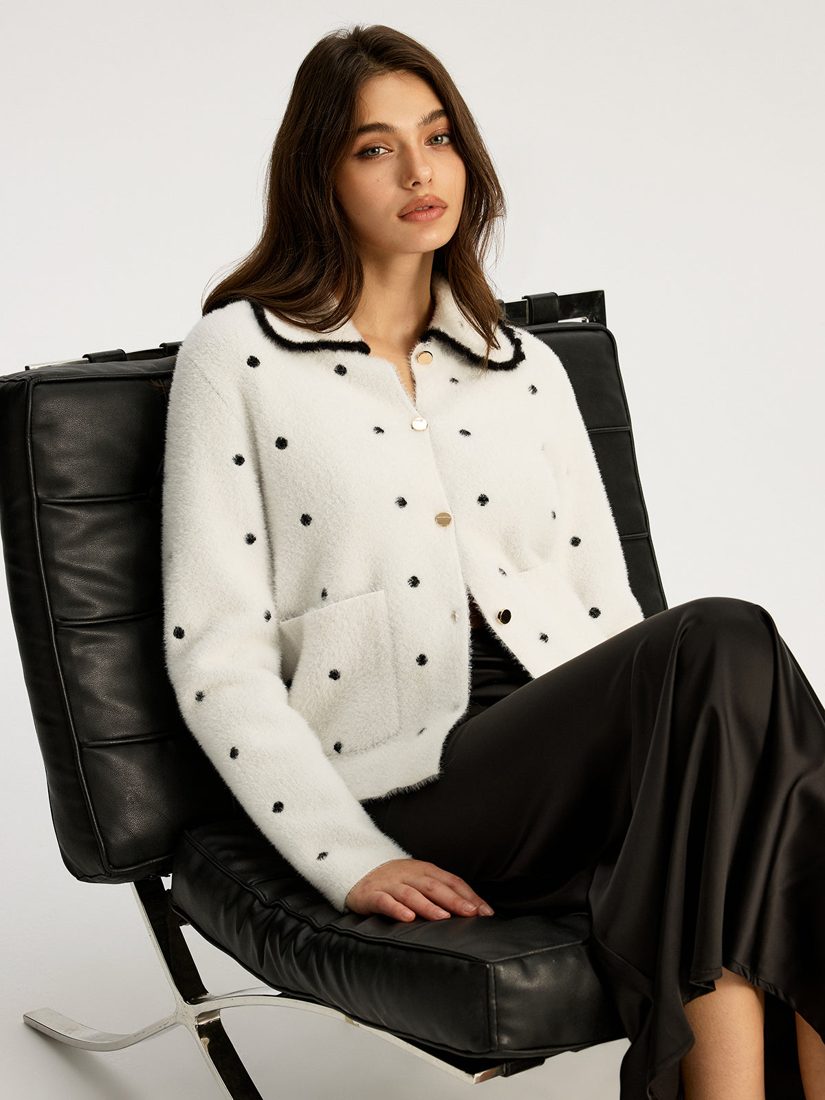 Nylon Polka Dot Knit Cardigan-Chicvia