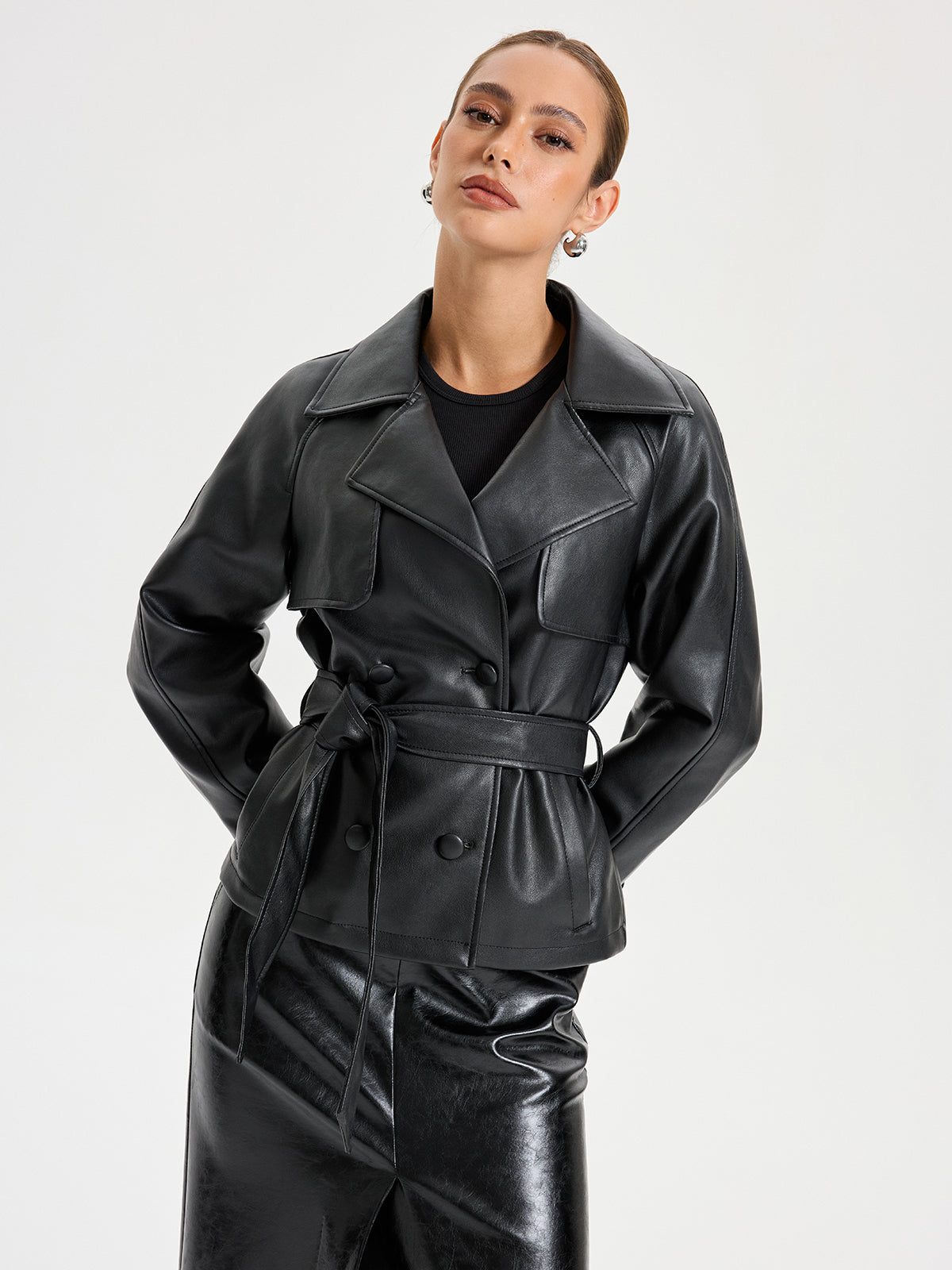 Belted PU Leather Jacket-Chicvia