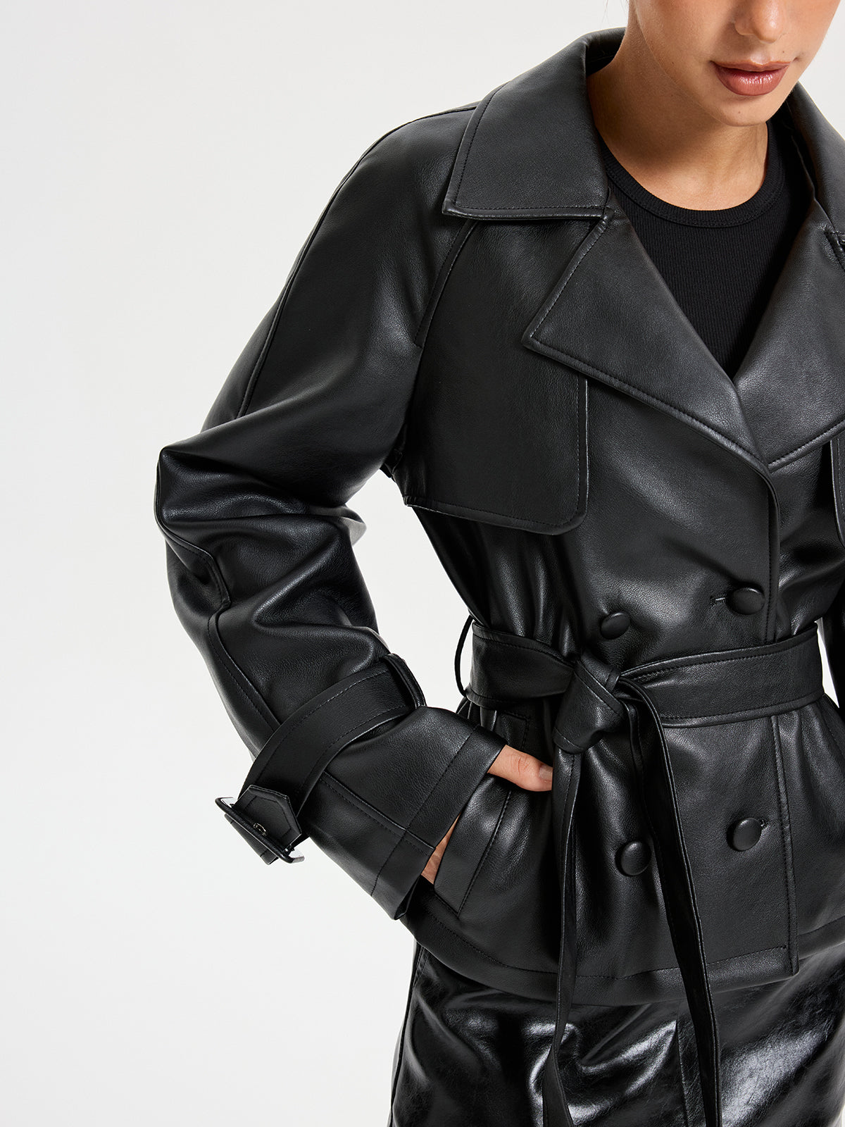 Belted PU Leather Jacket-Chicvia