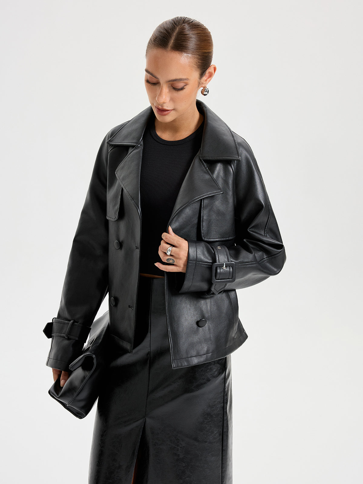 Belted PU Leather Jacket-Chicvia