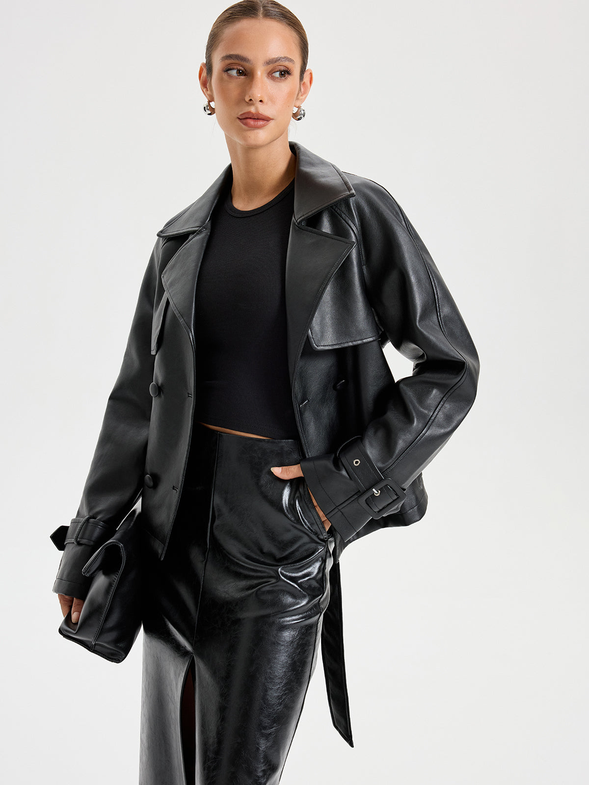 Belted PU Leather Jacket-Chicvia