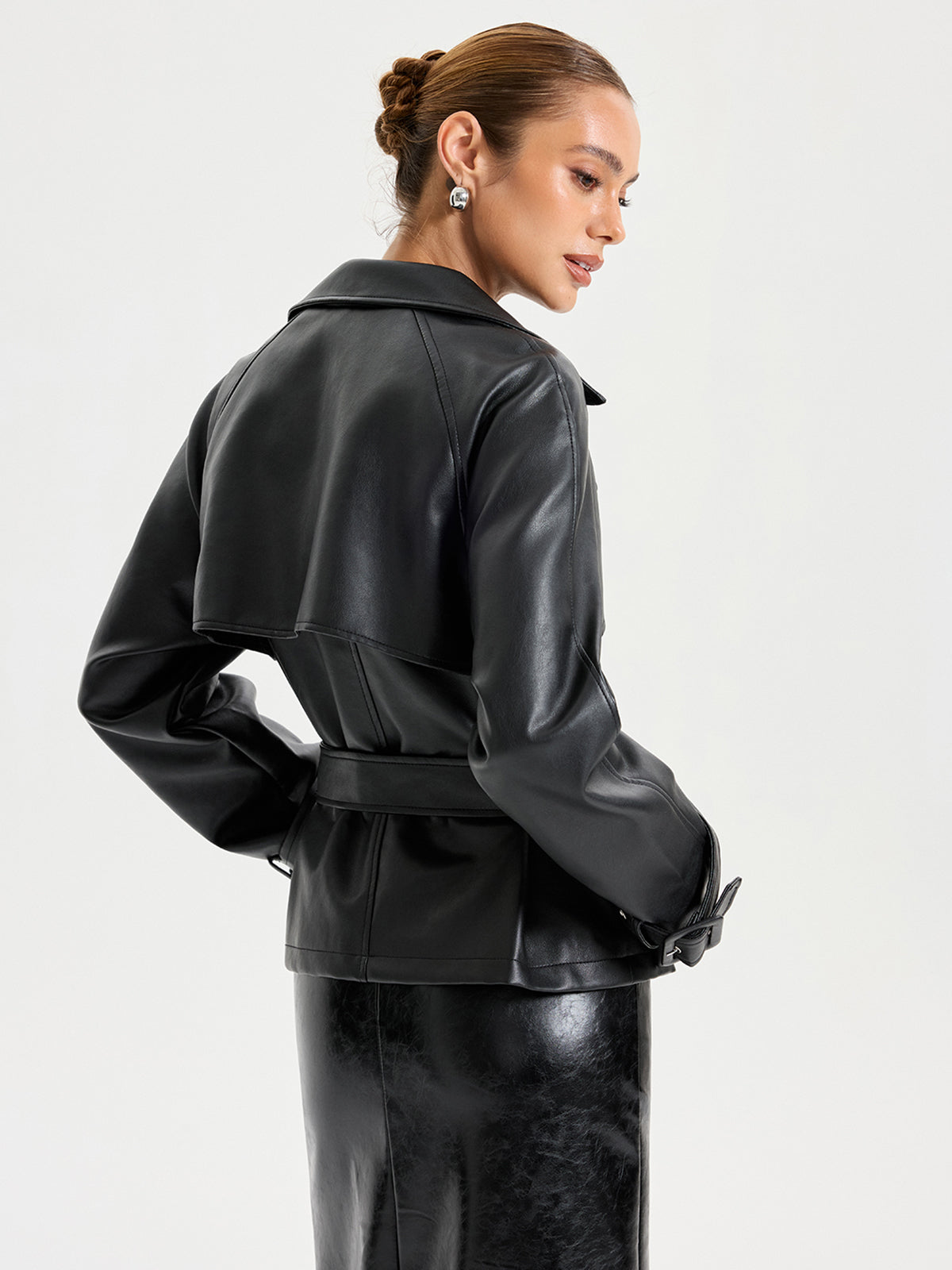 Belted PU Leather Jacket-Chicvia