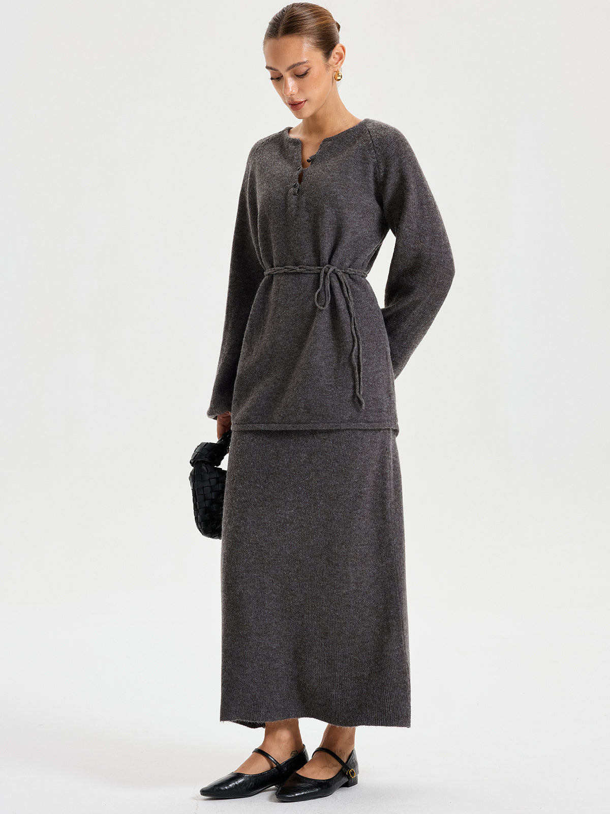 Minimal Tie Front Sweater Co-ords-Chicvia