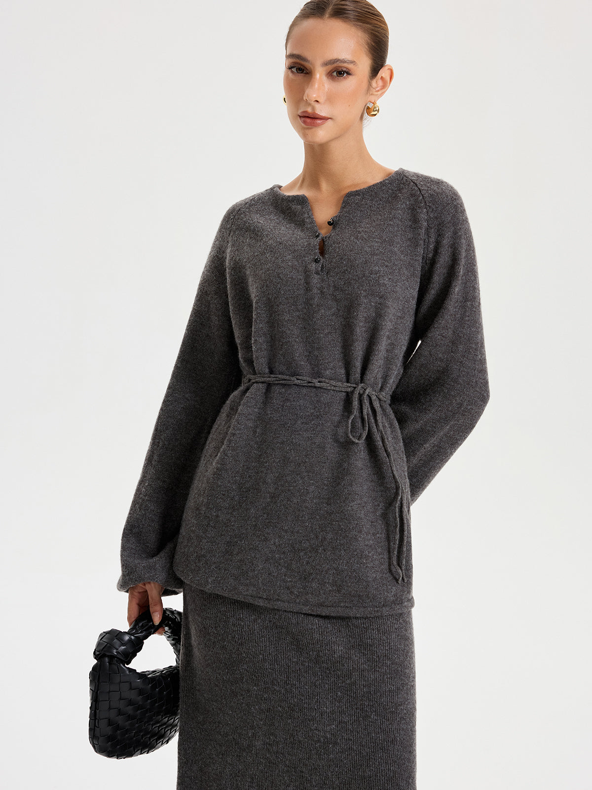 Minimal Tie Front Sweater Co-ords-Chicvia
