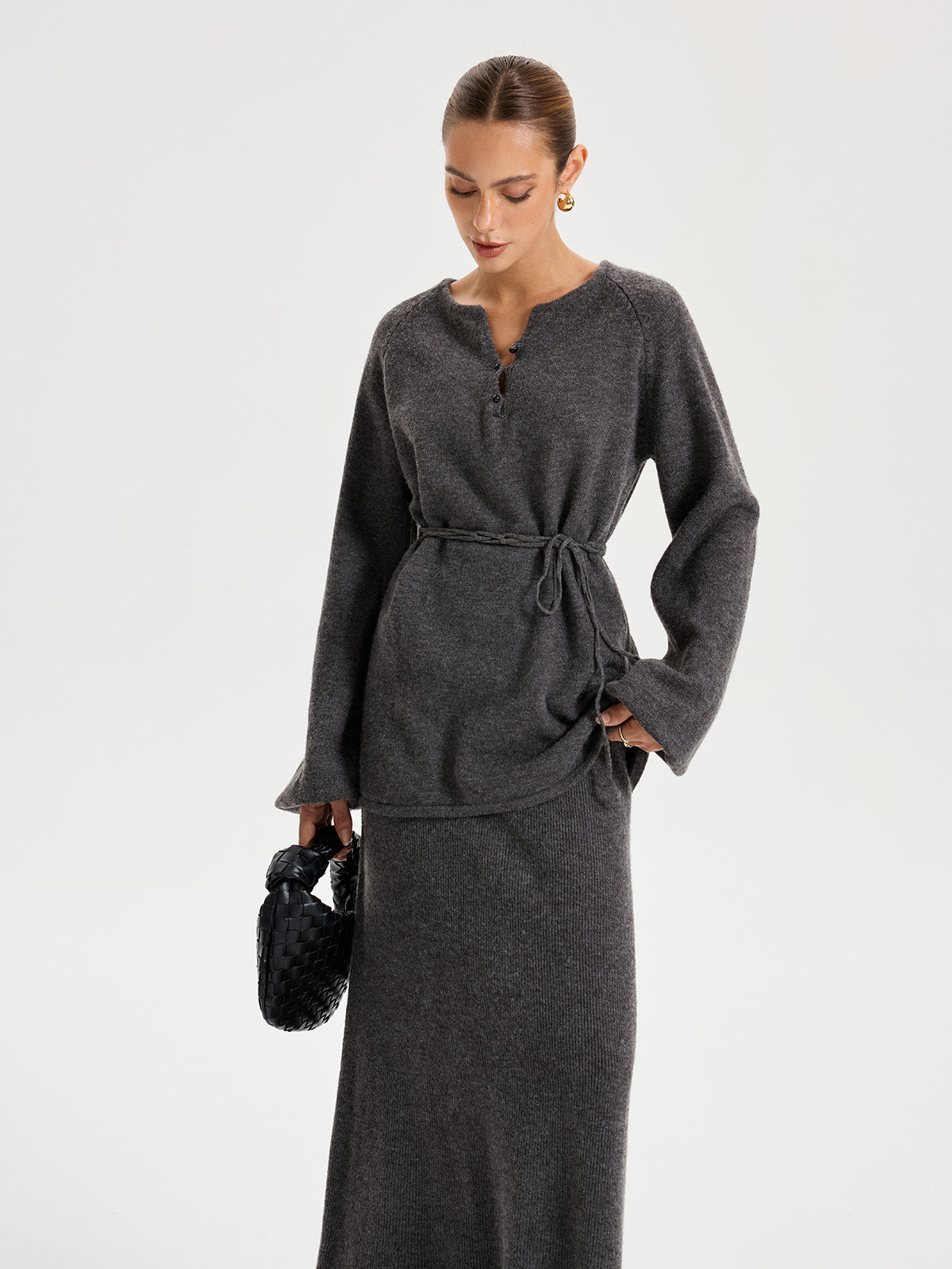 Minimal Tie Front Sweater Co-ords-Chicvia