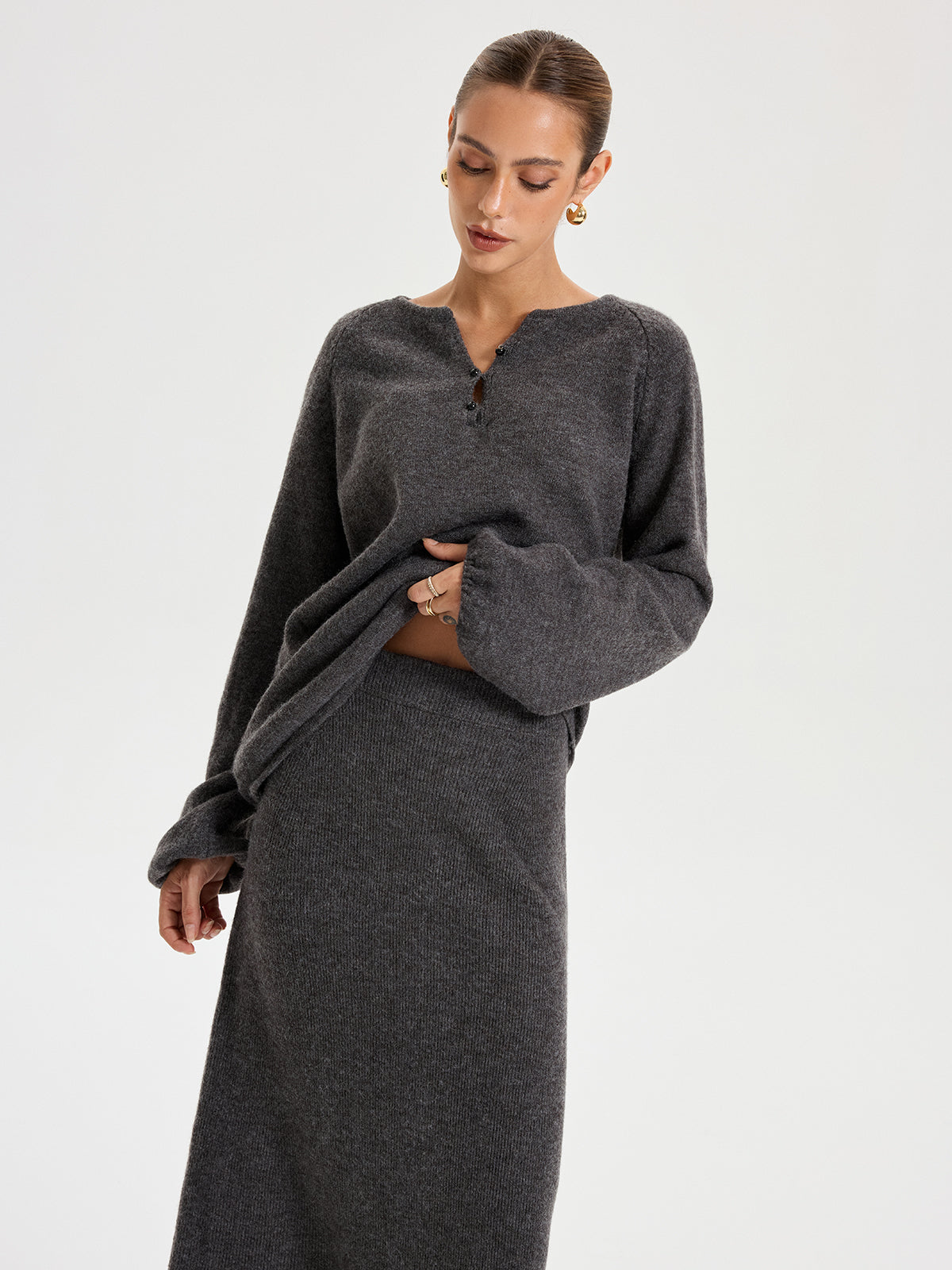 Minimal Tie Front Sweater Co-ords-Chicvia