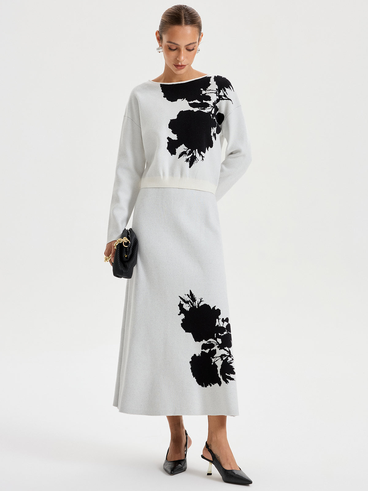 Ink-Wash Painting Pattern Knit Maxi Skirt-Chicvia