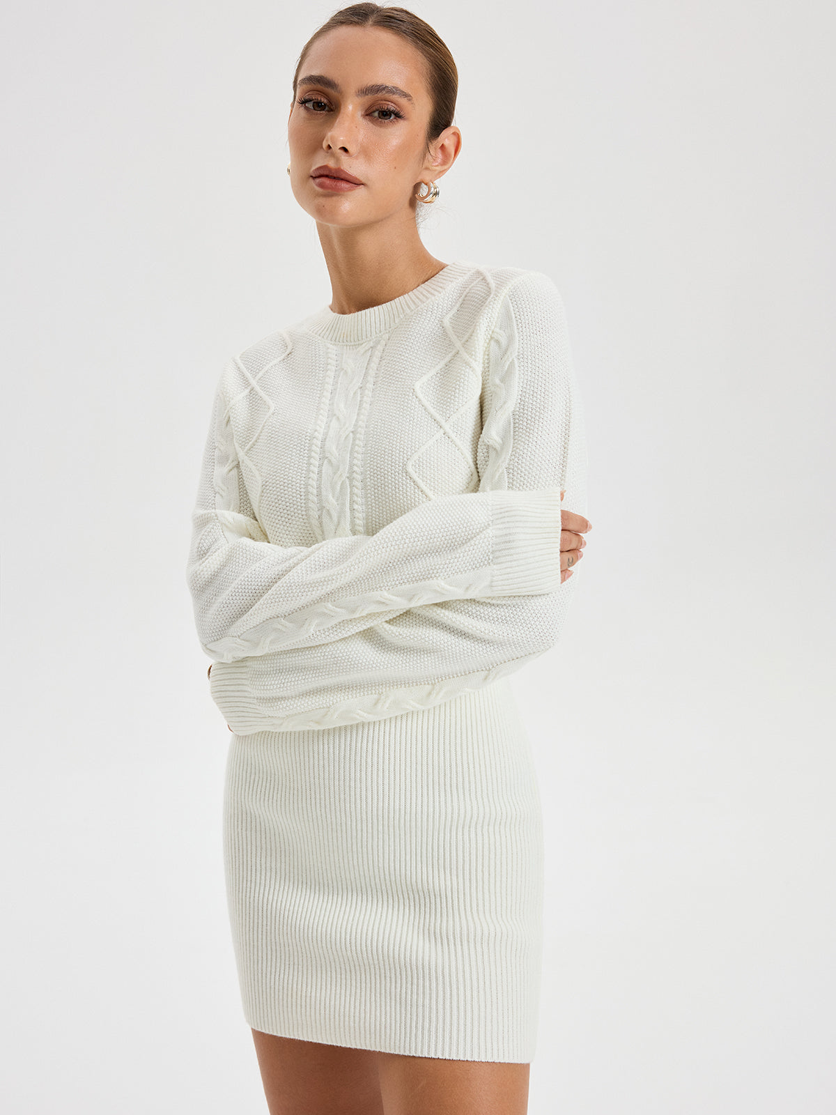 Cable Knit Crewneck Sweater Dress-Chicvia