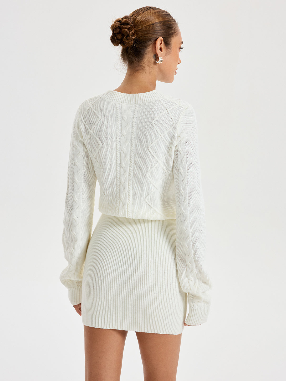 Cable Knit Crewneck Sweater Dress-Chicvia