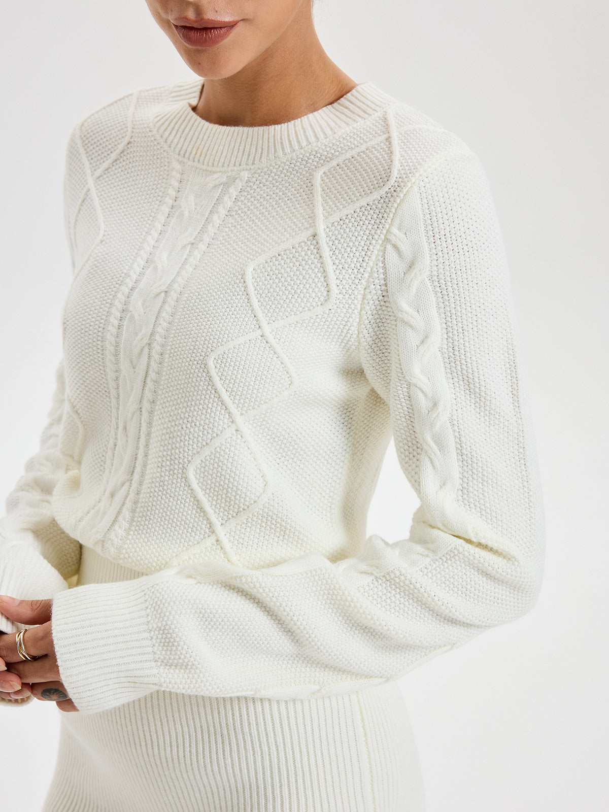 Cable Knit Crewneck Sweater Dress-Chicvia