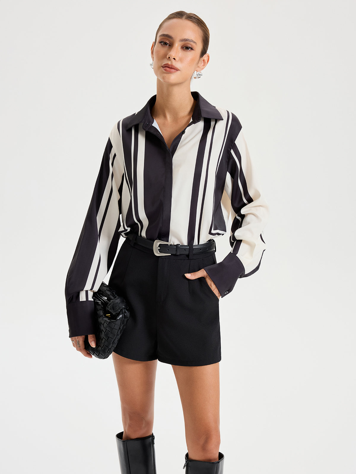 Contrast Striped Lapel Collar Shirt-Chicvia