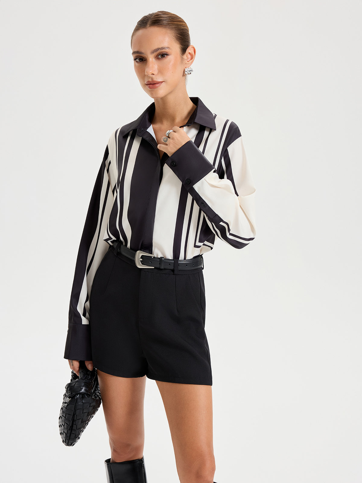 Contrast Striped Lapel Collar Shirt-Chicvia