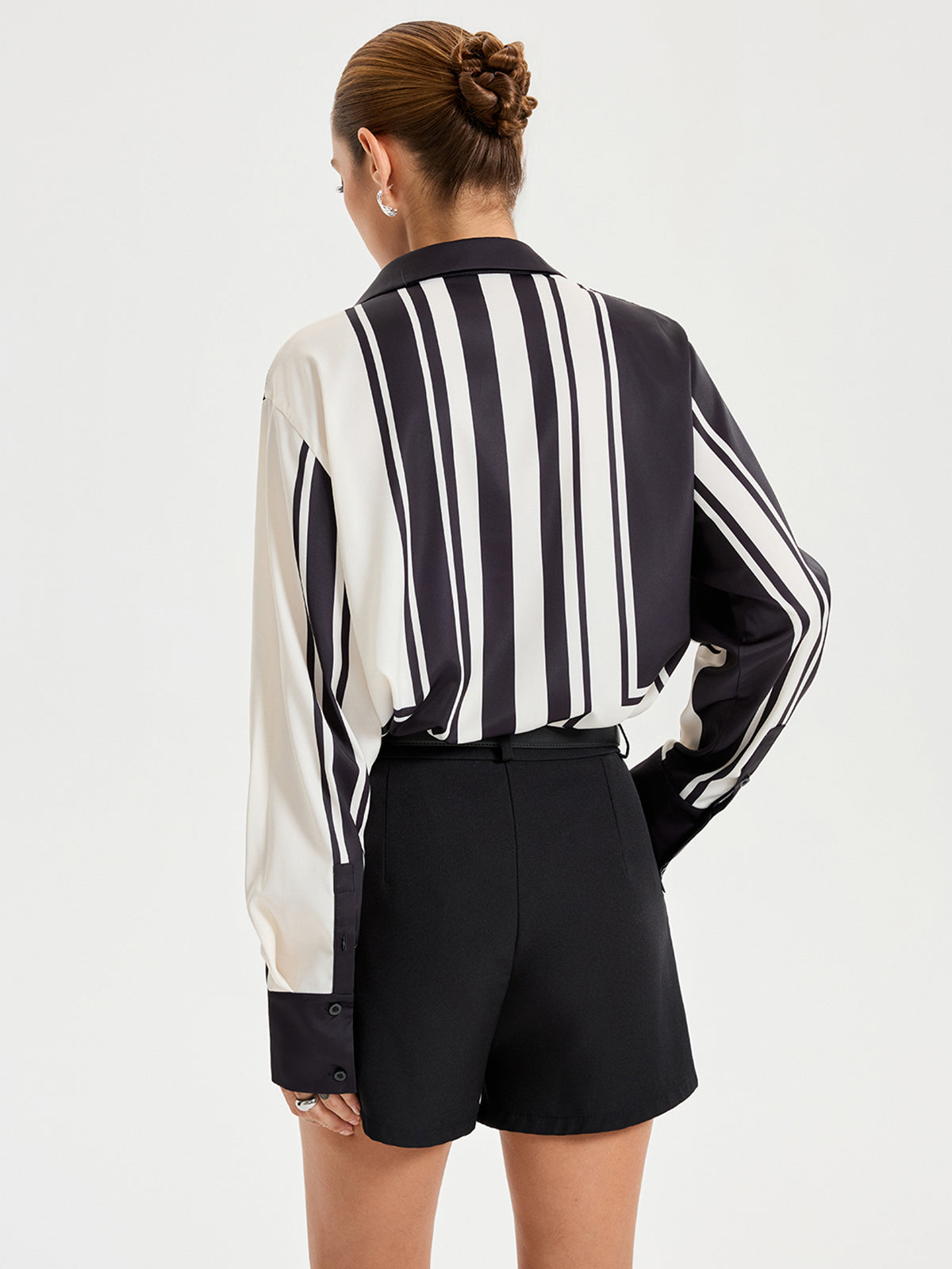 Contrast Striped Lapel Collar Shirt-Chicvia