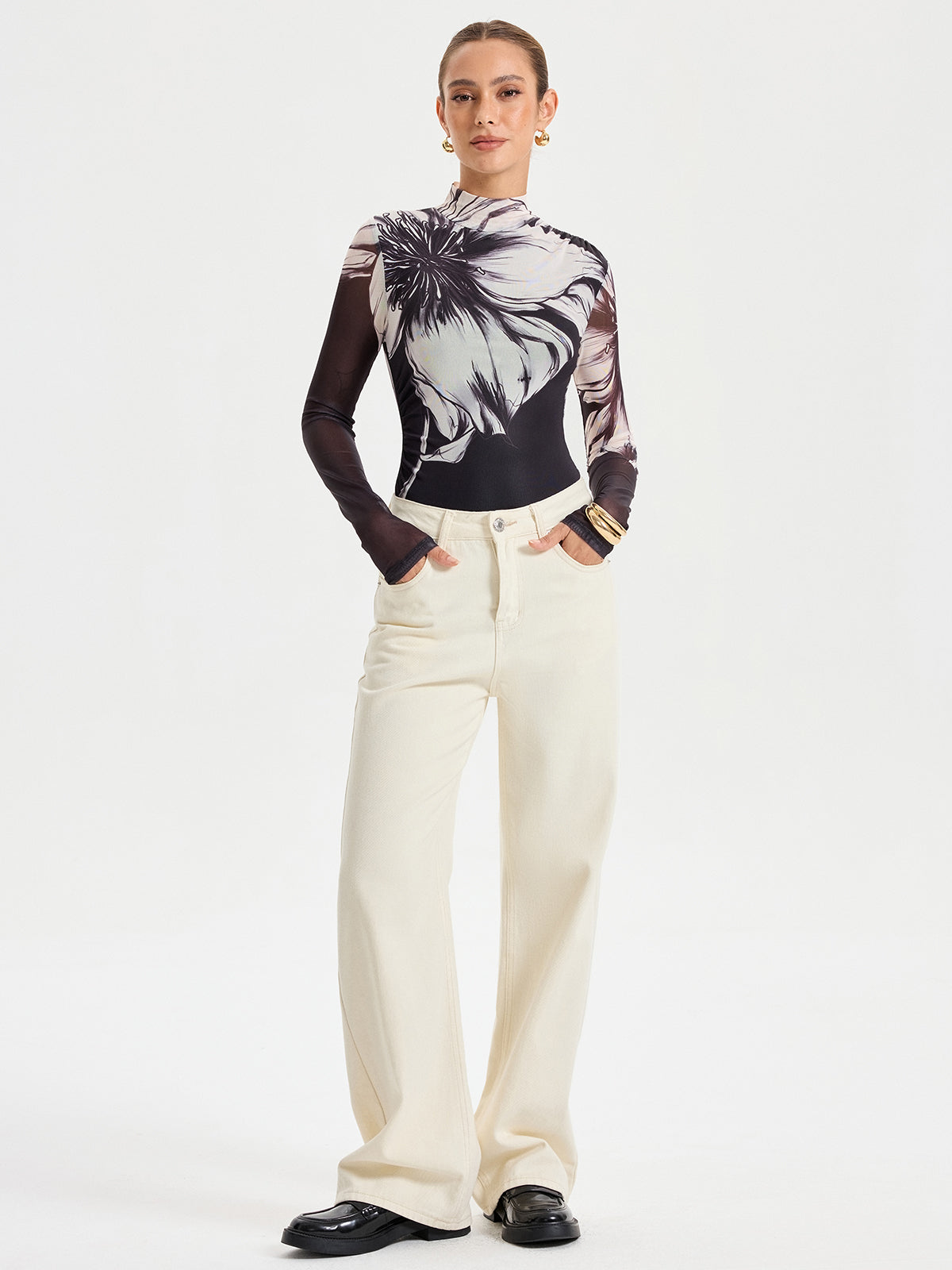 Floral Placement Print Mesh Bodysuit-Chicvia