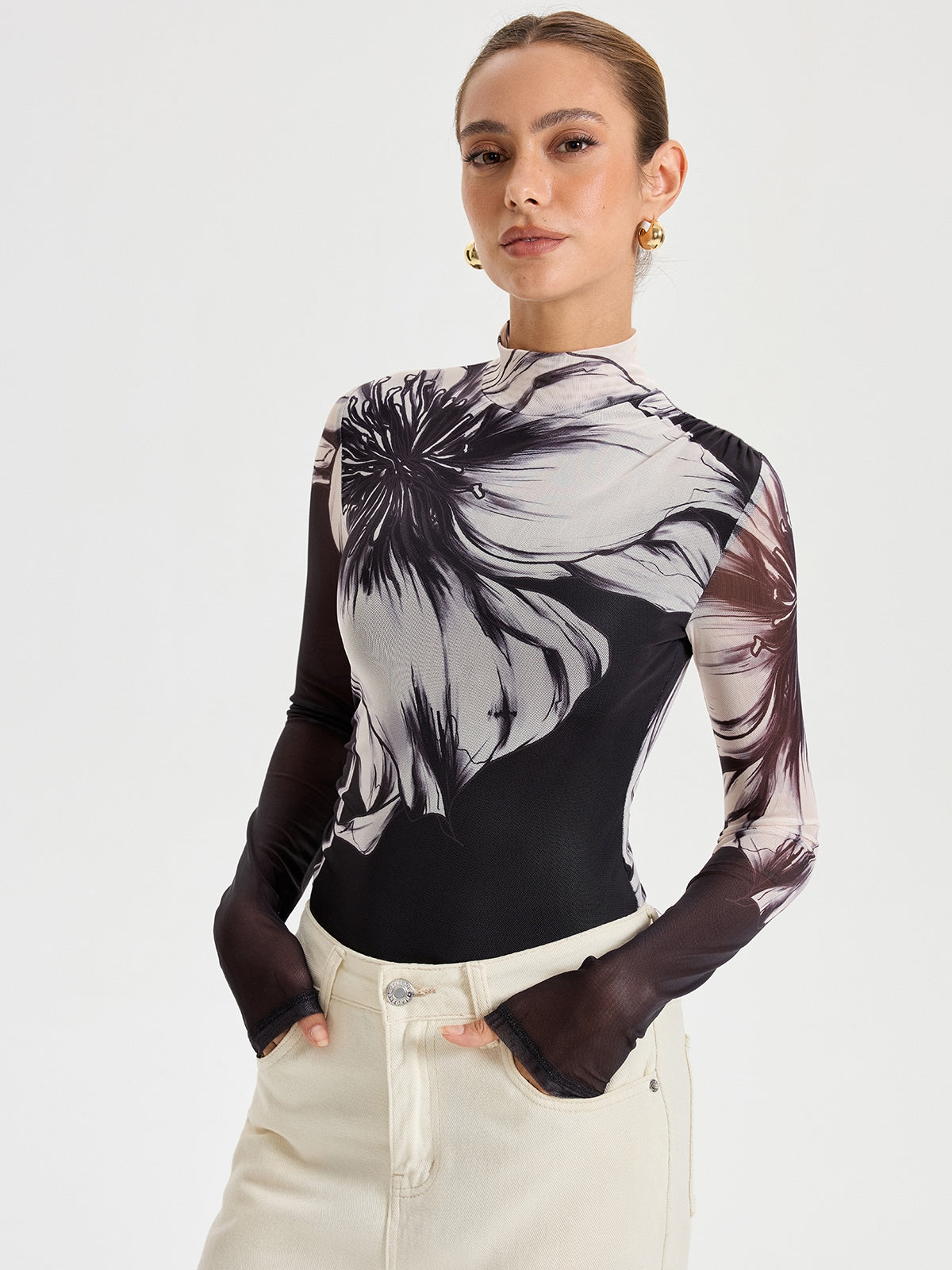 Floral Placement Print Mesh Bodysuit-Chicvia