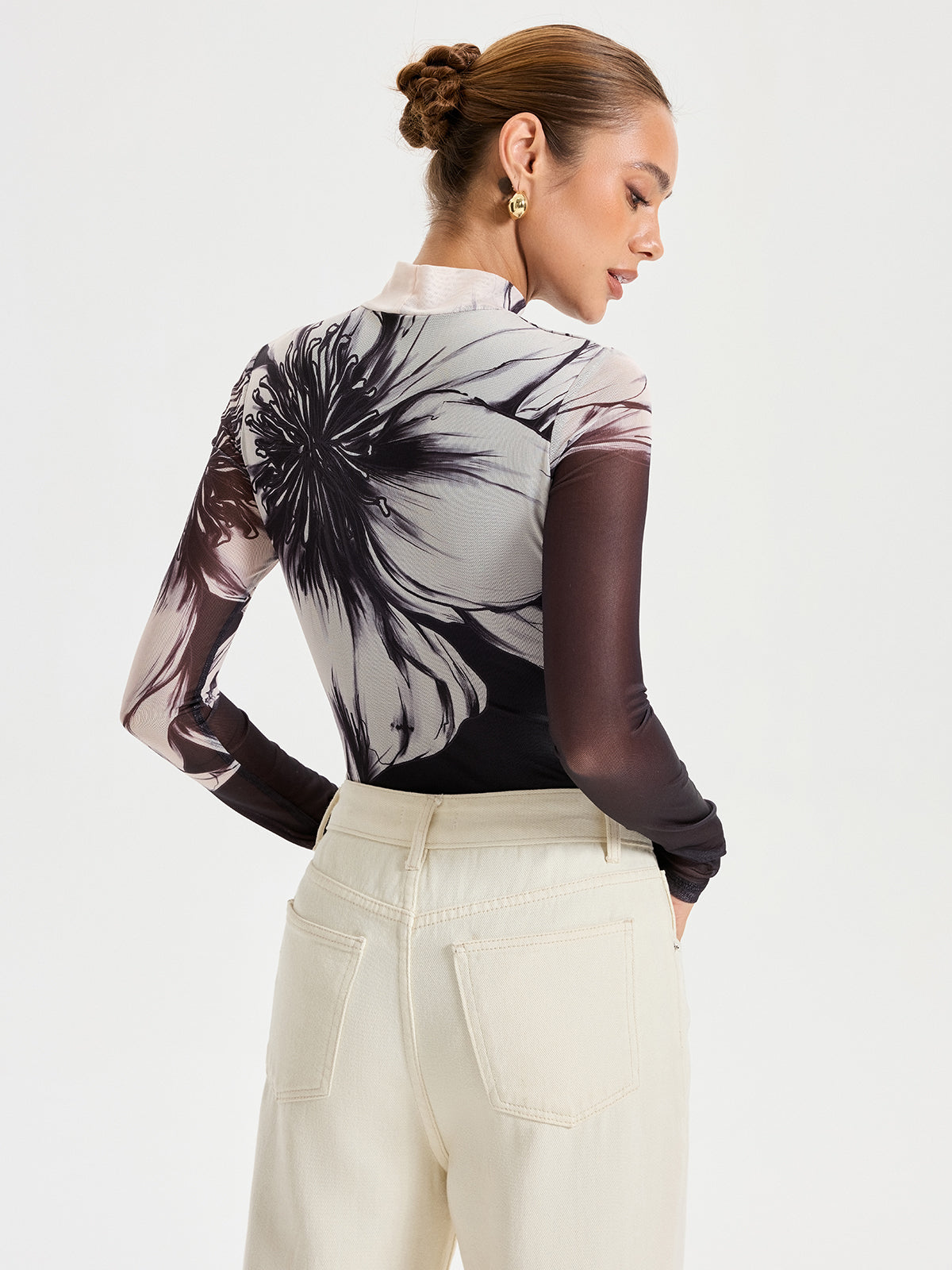 Floral Placement Print Mesh Bodysuit-Chicvia