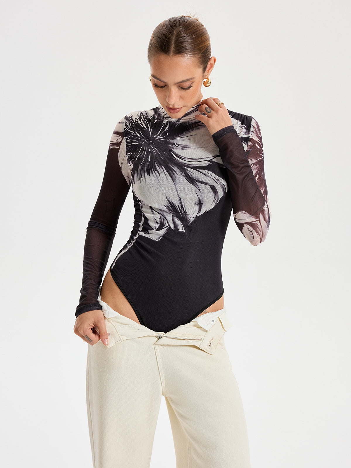 Floral Placement Print Mesh Bodysuit-Chicvia