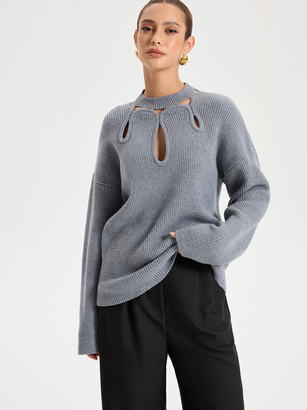 Cut-Out Knit Sweater-Chicvia