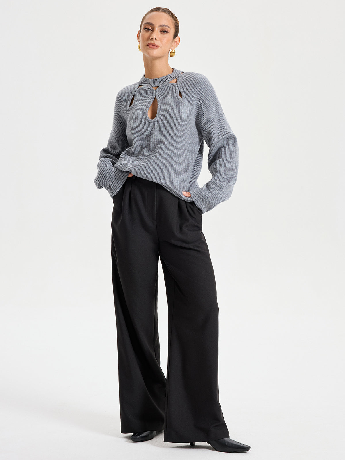 Cut-Out Knit Sweater-Chicvia