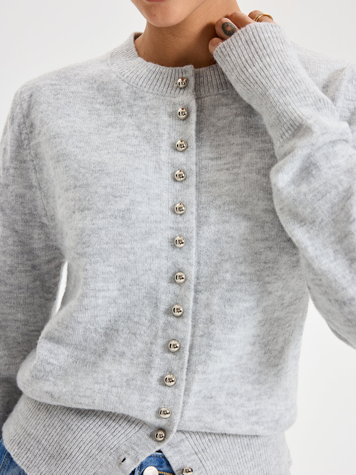 Buttoned Crew Neck Cardigan-Chicvia