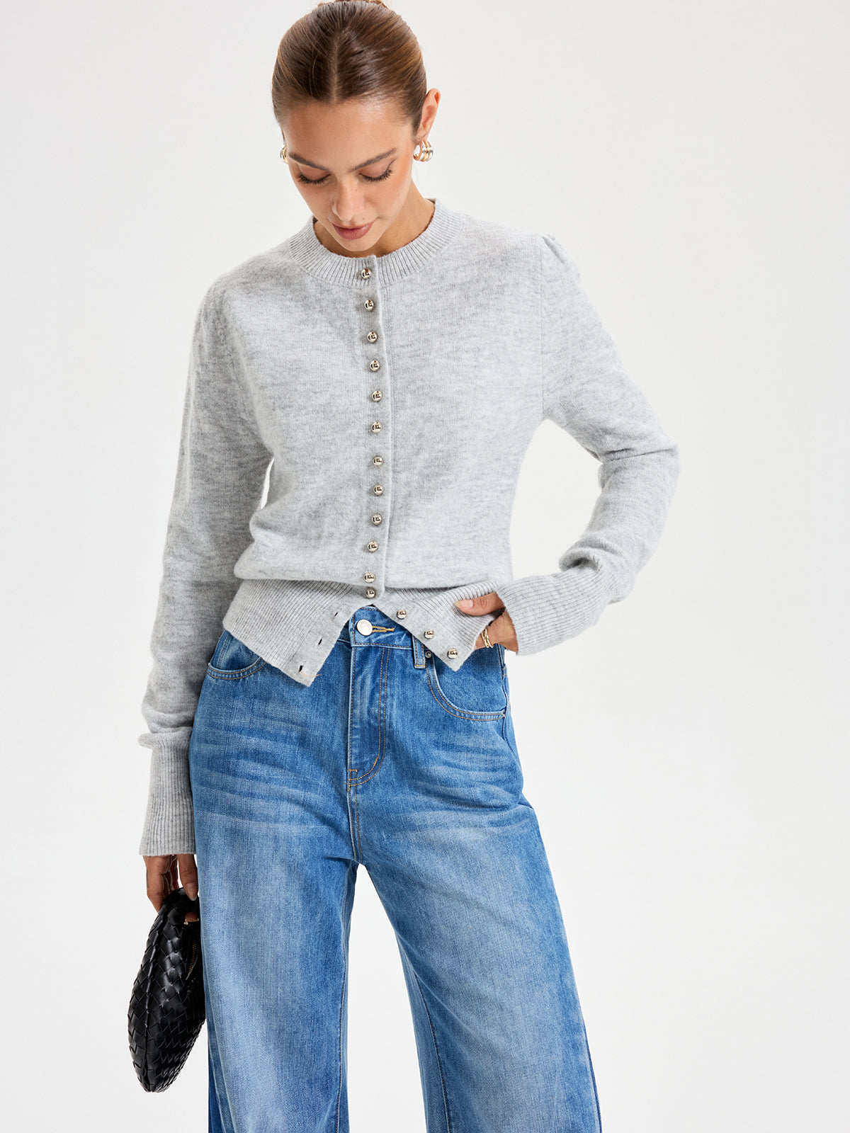 Buttoned Crew Neck Cardigan-Chicvia
