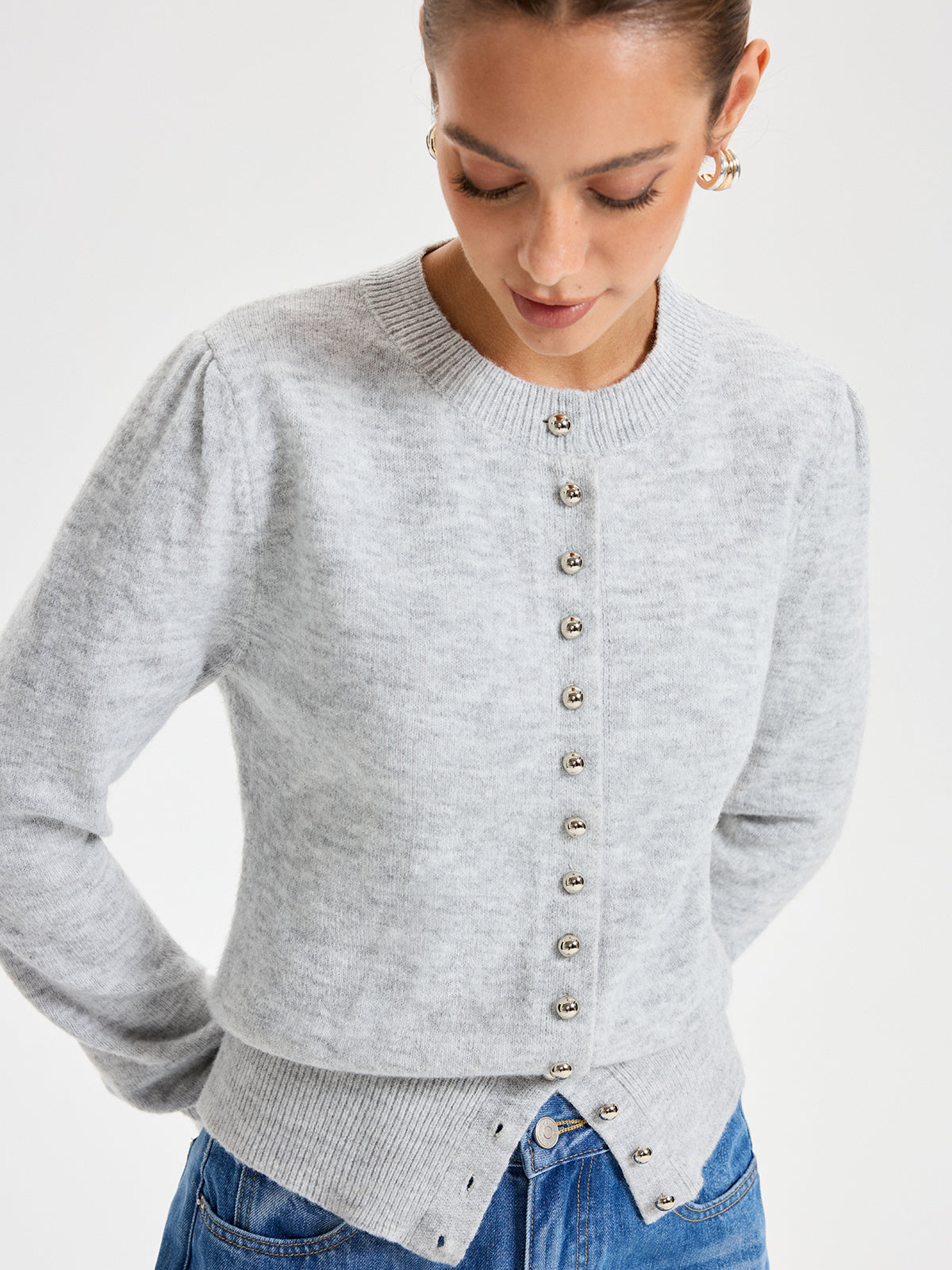 Buttoned Crew Neck Cardigan-Chicvia