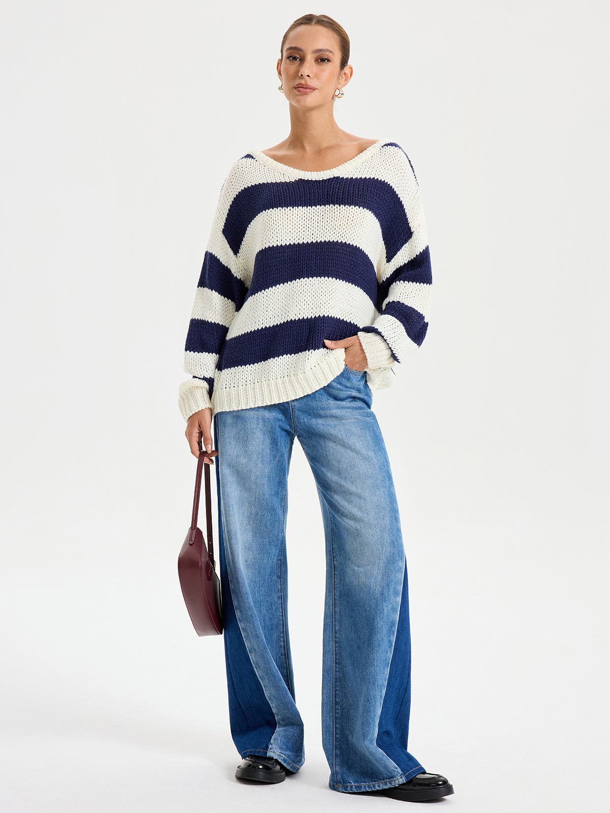 Oversized Striped Sweater Long Sleeve Sweater-Chicvia